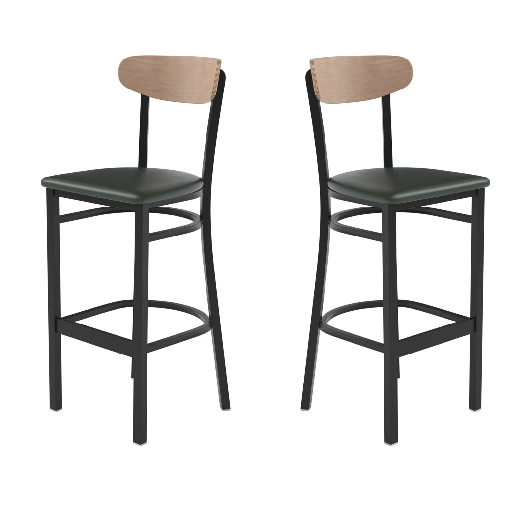 Wright Set of 2 Commercial Barstools with 500 LB. Capacity Black Steel Frame, Natural Birch Finish Wooden Boomerang Back, and Green Vinyl Seat