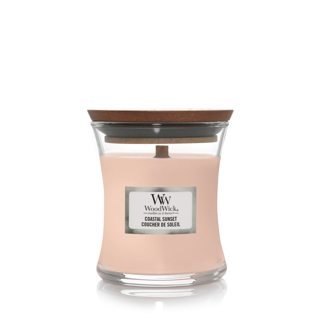 WoodWick Vela perfumada con mecha crepitante | Vela Coastal Sunset Mini Hourglass | Hasta 20 horas de duración | Regalos perfectos para mujeres