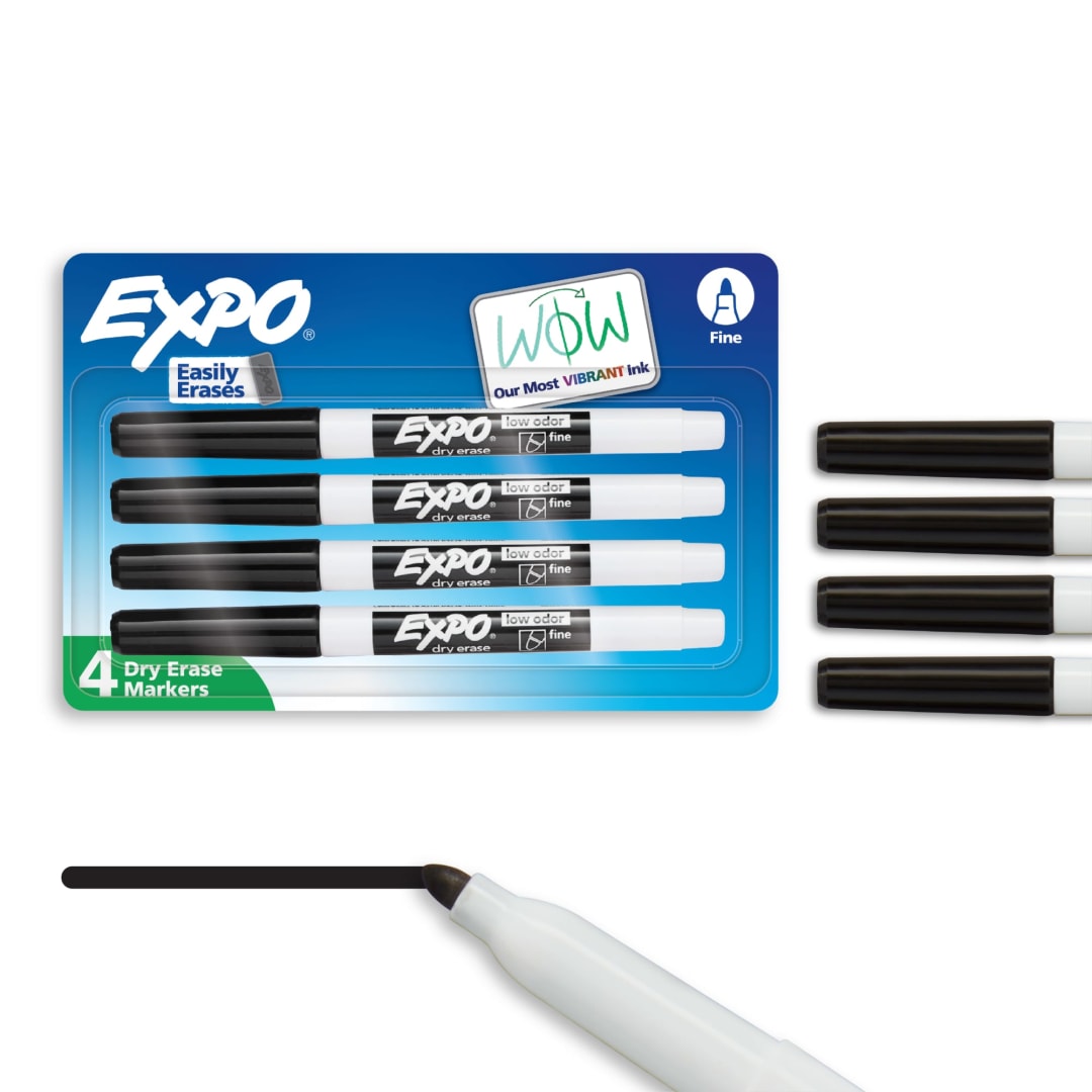 EXPO Dry Erase Markers, Low Odor Ink, Black, Fine Tip, 4 Count