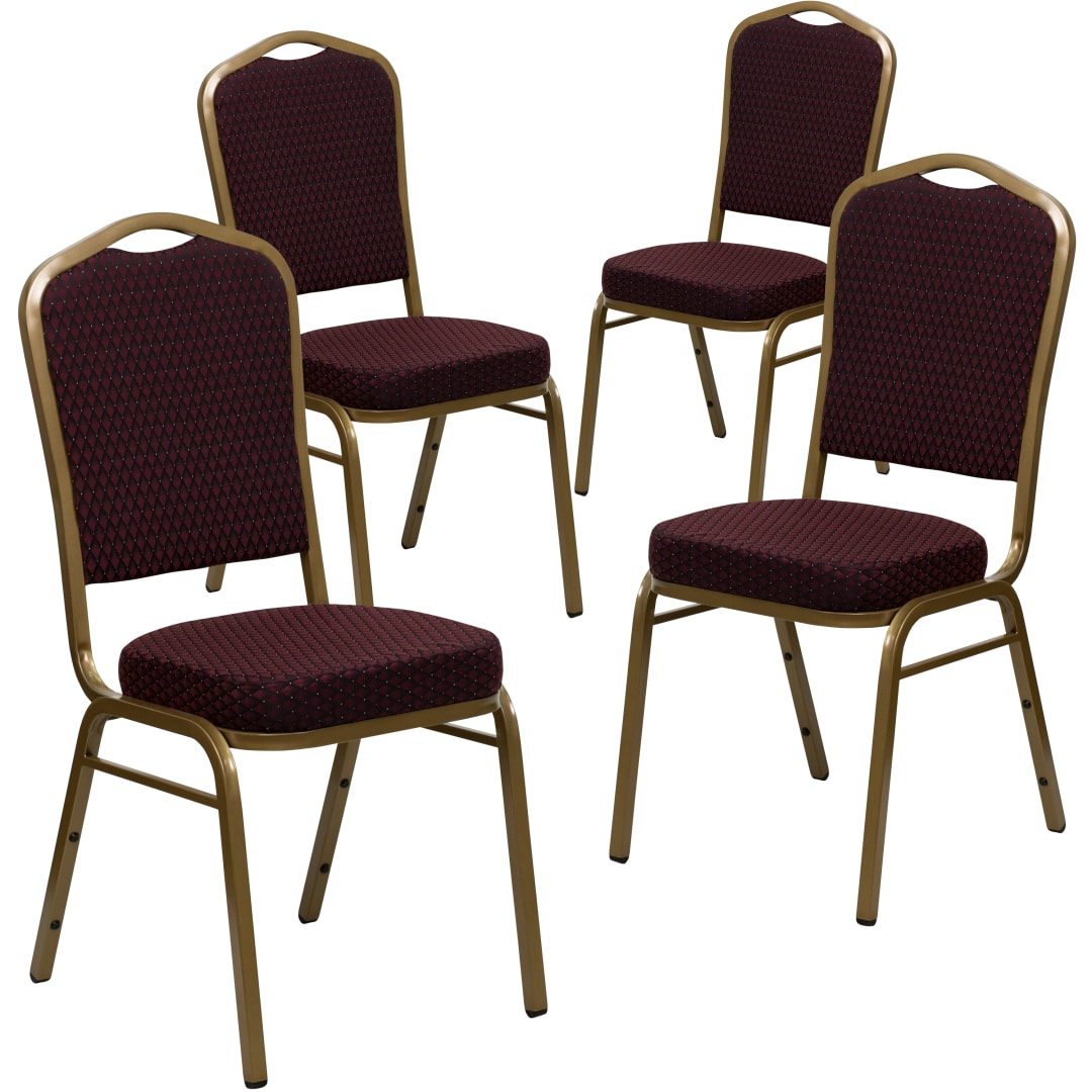 4 Pack HERCULES Series Crown Back Stacking Banquet Chair in Burgundy Patterned Fabric - Gold Frame