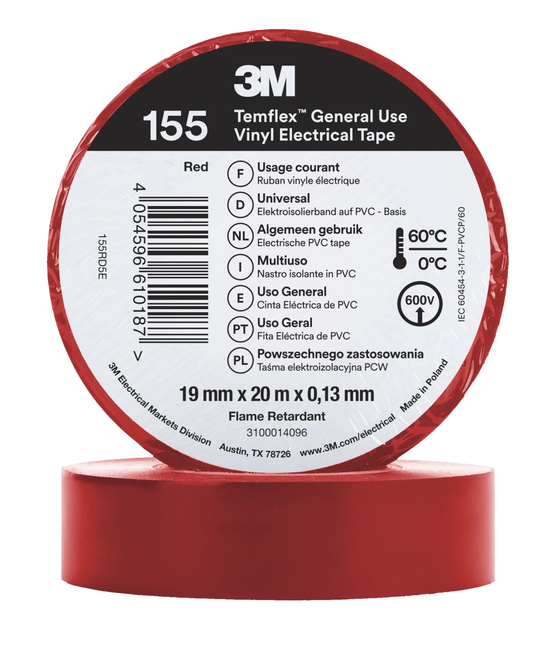 3M™ Temflex™ Vinyl Electrical Tape 155, Red, 19 mm x 20 m, 100 Rolls/Case