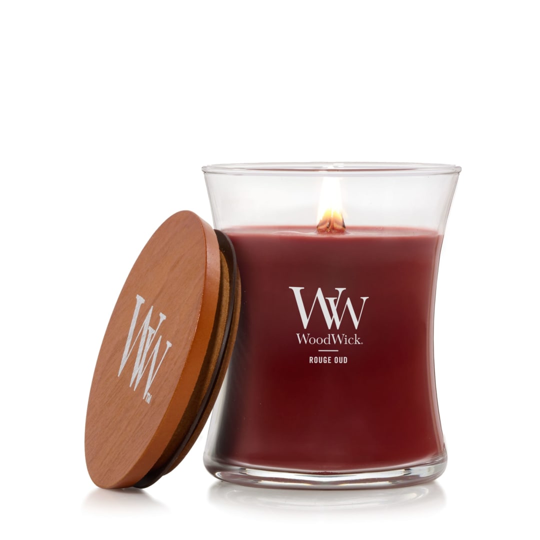 WoodWick® Rouge Oud Medium Hourglass Candle, Crackles as it burns, Up to 65 hrs burn time, Perfect for gifting, 9.7 oz