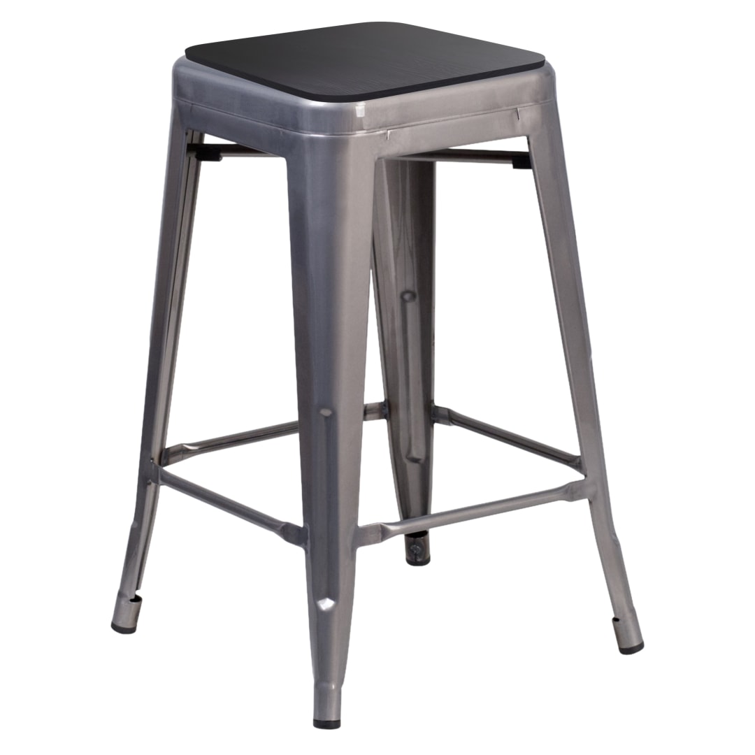 Lincoln 24" Commercial Grade Silver Antique Finish with Clear Coat Metal Indoor Backless Counter Height Stool with Black Polystyrene Seat