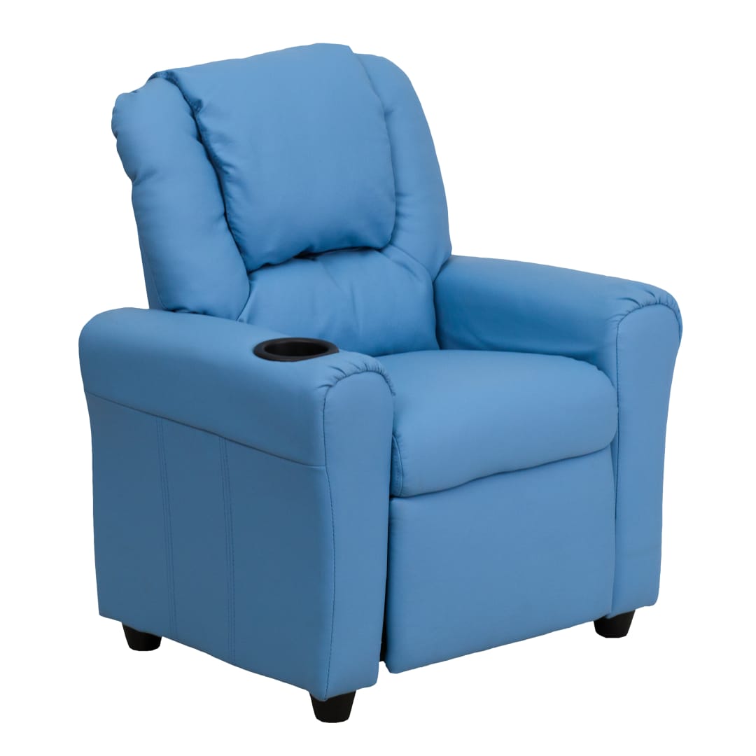 Vana Contemporary Light Blue Vinyl Kids Recliner with Cup Holder and Headrest