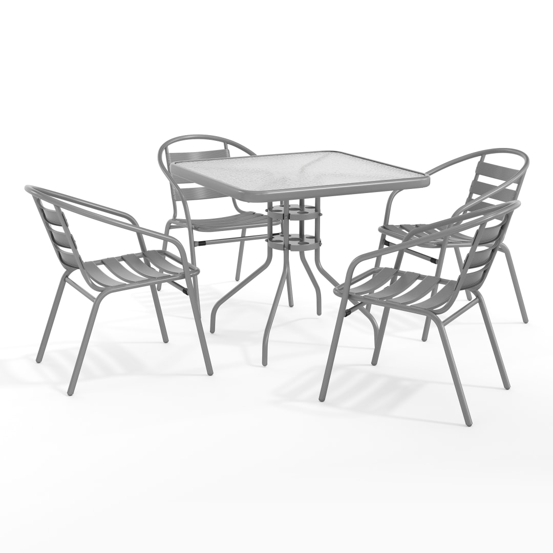 Lila 31.5'' Square Glass Top Metal Table with 4 Silver Aluminum Slat Stack Chairs