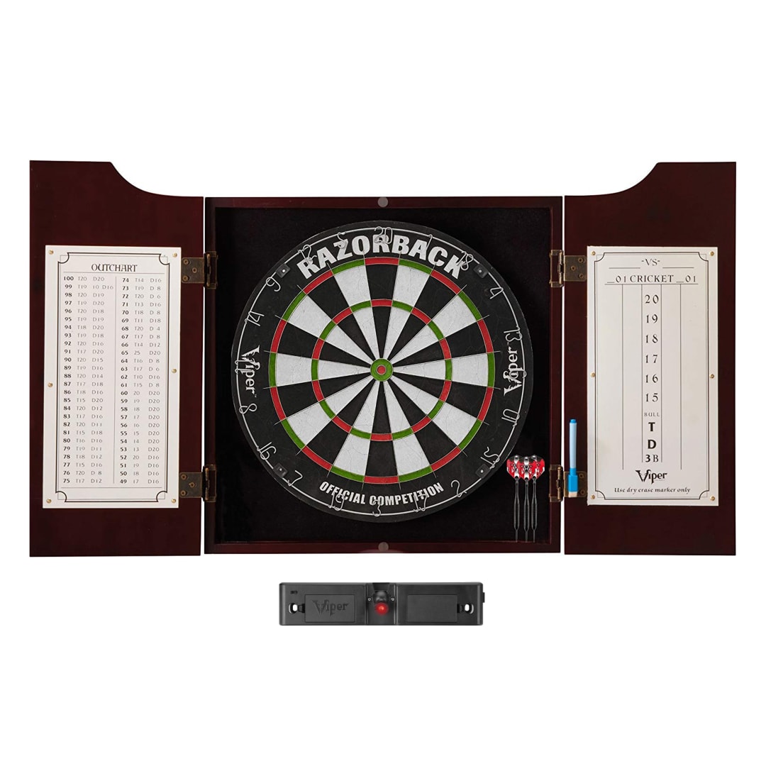 Viper Hudson Dartboard Cabinet, Viper Razorback Sisal Dartboard, Viper Black Mariah Steel Tip Darts 22 Grams, and Throw Line Light