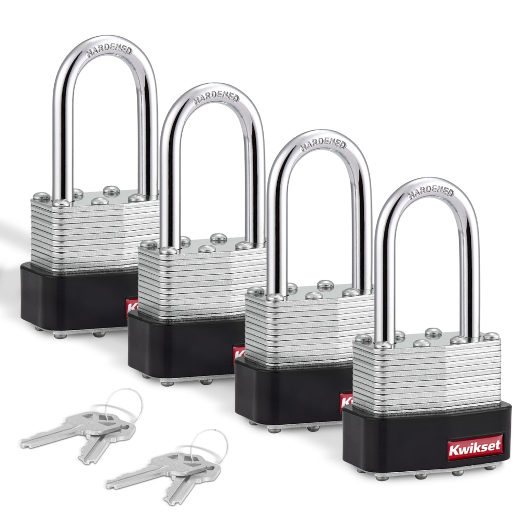 Kwikset Laminated Steel Padlock with Hardened Steel Shackle, 1-9/16 in Body, 1-1/2 in Shackle, 4 Pack