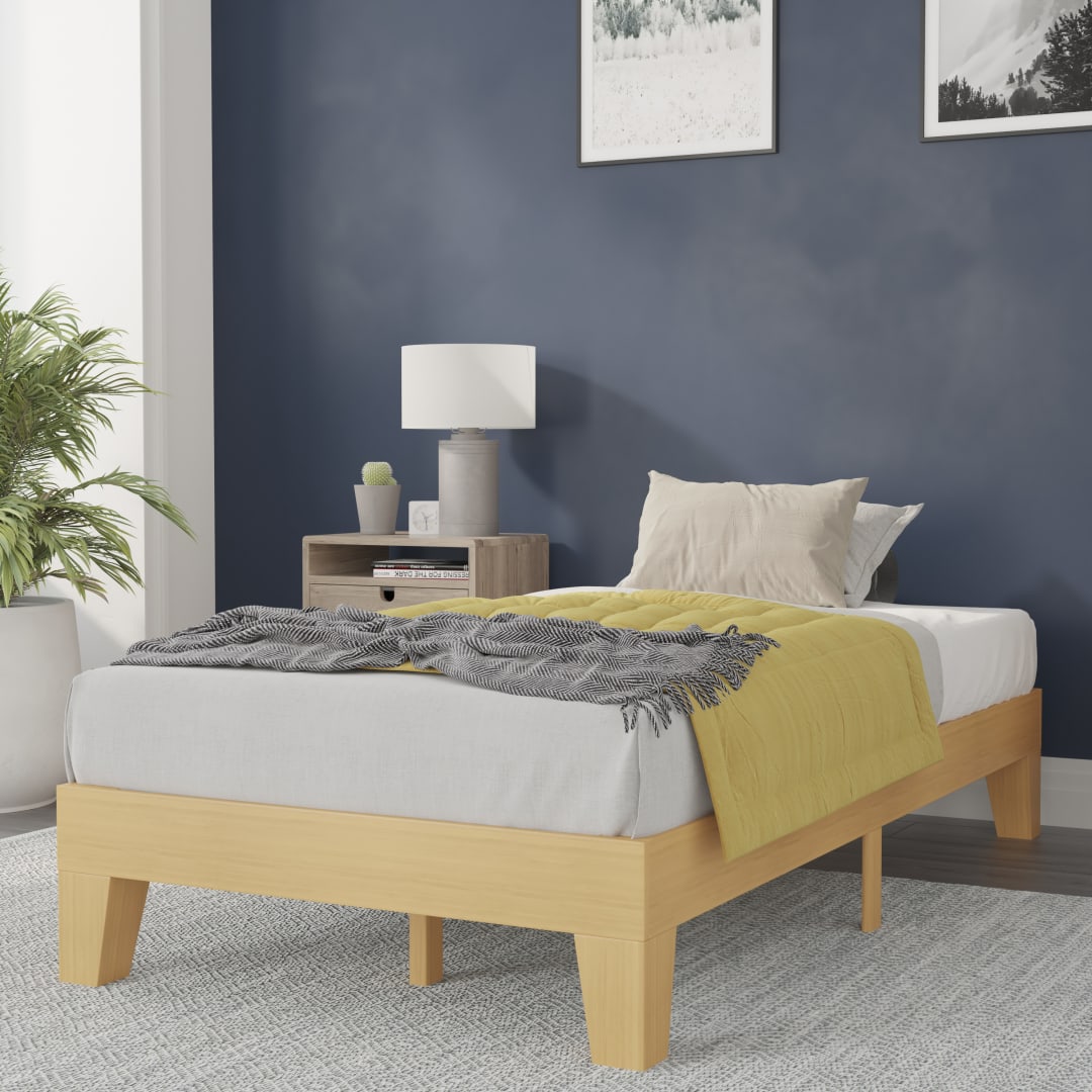 Evelyn Natural Pine Finish Wood Twin Platform Bed with Wooden Support Slats, No Box Spring Required