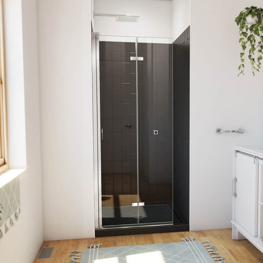 DreamLine Aqua-Q Fold 32 inch D x 32 inch W x 78 3/4 inch H Frameless Bi-fold Shower Door in Chrome, Shower Base, and Wall Kit in Black