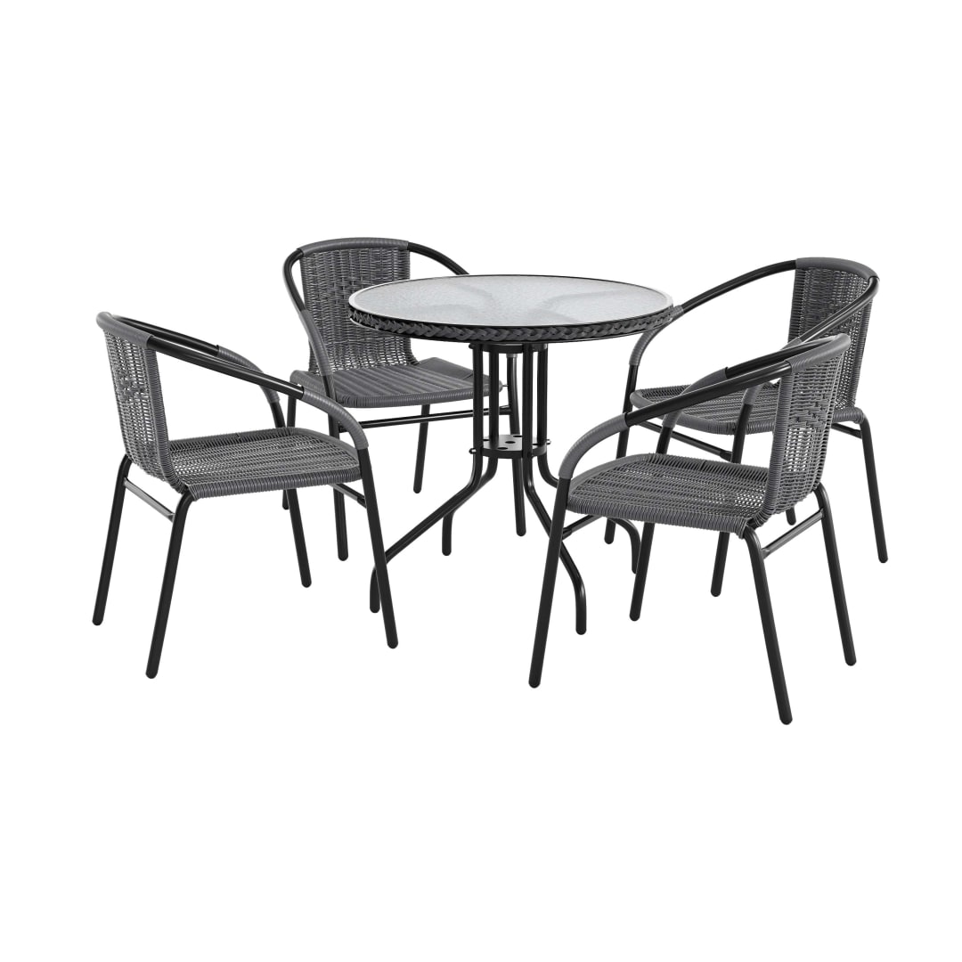 Lila 28'' Round Glass Metal Table with Gray Rattan Edging and 4 Gray Rattan Stack Chairs
