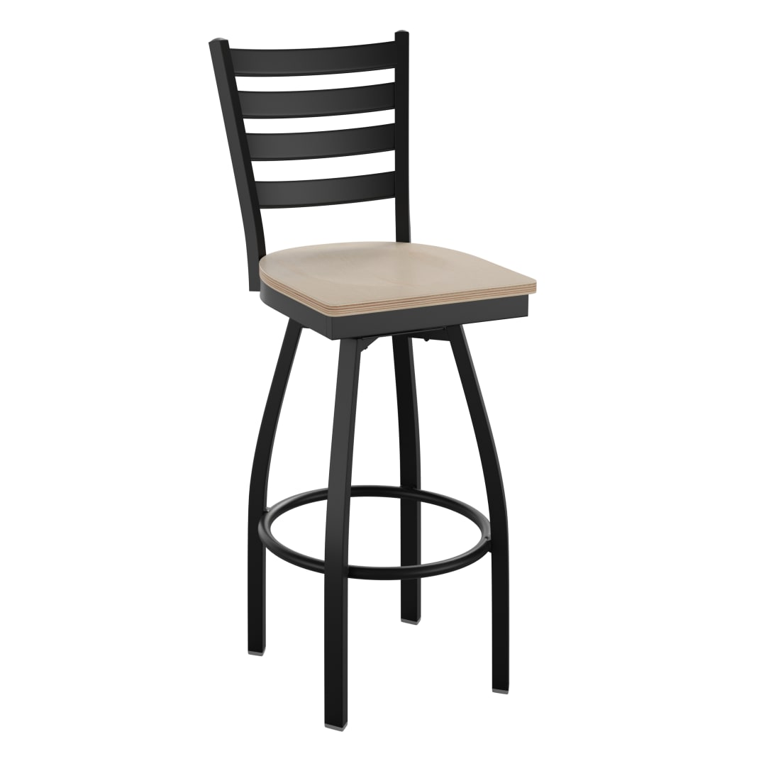 HERCULES Black Ladder Back Swivel Metal Barstool - Antique White Wood Seat