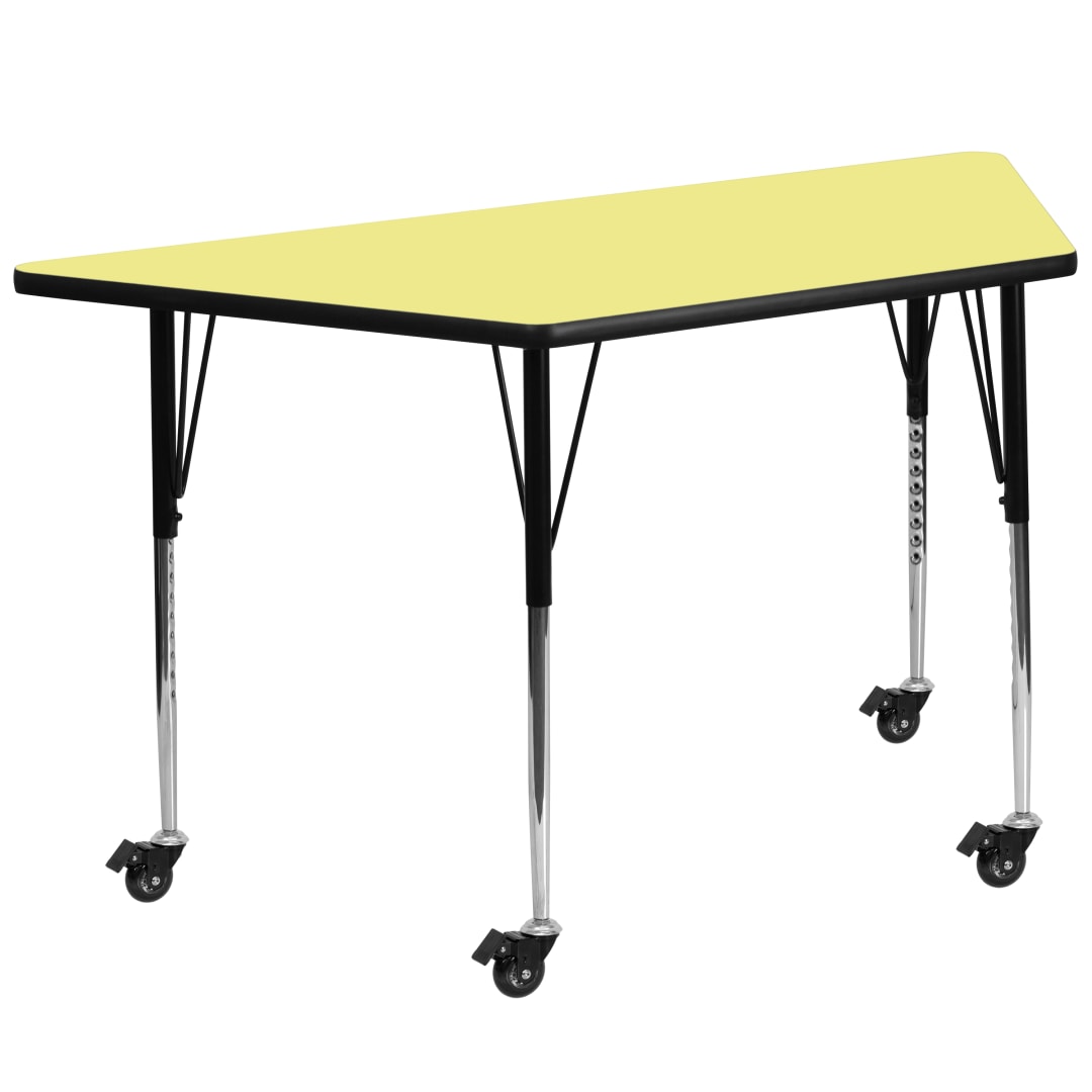 Wren Mobile 29''W x 57''L Trapezoid Yellow Thermal Laminate Activity Table - Standard Height Adjustable Legs