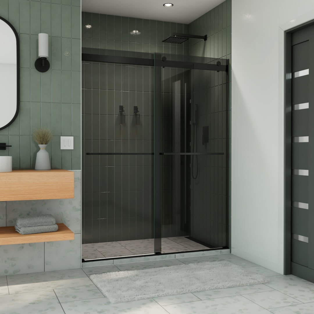 DreamLine Essence 56 - 60 inch W x 76 inch H Frameless Bypass Shower Door in Matte Black and Smoke Gray Glass