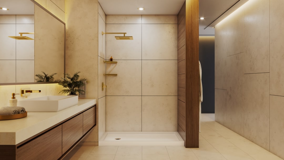 DreamLine SlimLine 30 inch D x 60 inch W x 2 3/4 inch H Single Threshold Biscuit Alcove Shower Base with 2 inch Polished Brass Left Round Drain