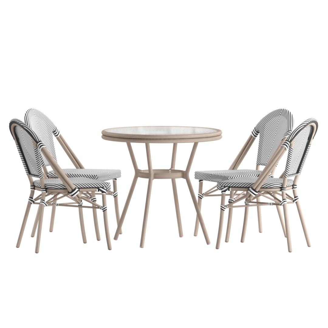Marseille Indoor/Outdoor Commercial Bistro 31.5" Table, Black/White Textilene, Glass Top with 4 Stack Chairs - Light Natural