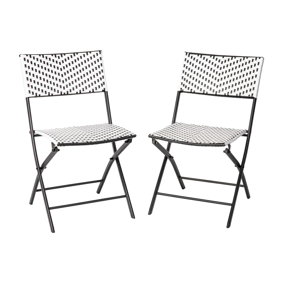 Rouen Set of 2 Commercial Grade Foldable Bistro Chairs, Indoor/Outdoor PE Rattan Back and Seat, Black/White with Black Steel Frames