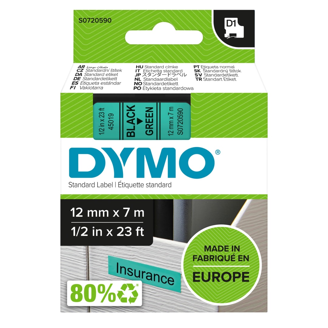 DYMO® Authentic D1 Labels, Black Print on Green Tape, 12 mm x 7 m, Self-Adhesive Labels for LabelManager Label Makers, Made in Europe