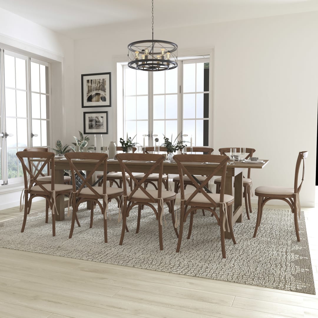 HERCULES Series 9' x 40'' Antique Rustic Folding Farm Table Set with 10 Cross Back Chairs and Cushions