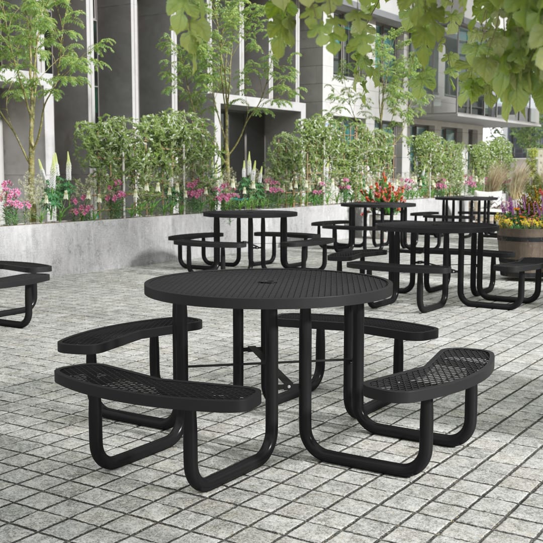 Creekside 46" Round Outdoor Picnic Table with Commercial Heavy Gauge Expanded Metal Mesh Seats and Top with Umbrella Hole, Steel Frame