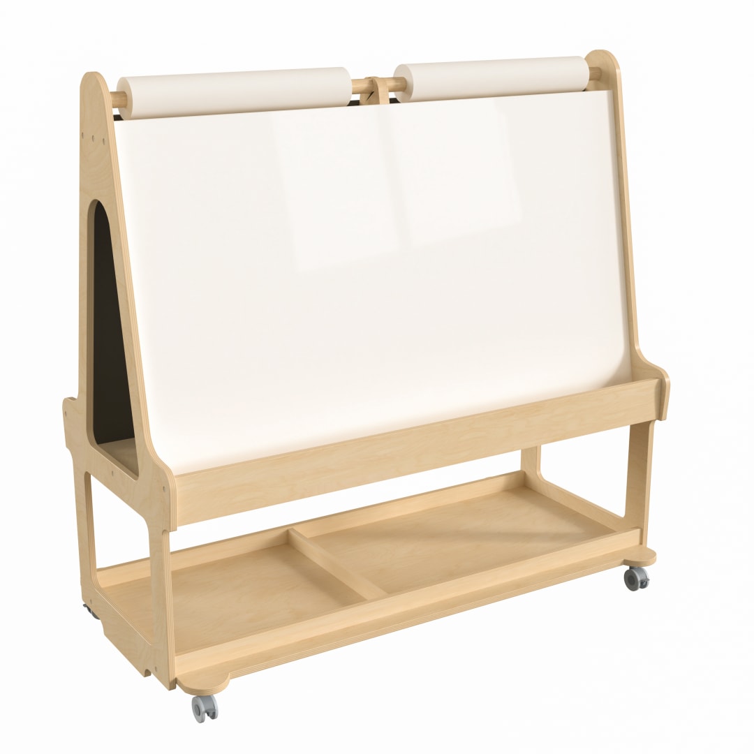 Bright Beginnings Commercial Wooden Mobile Dual Sided 4 Person Art Station with Locking Caster Wheels and Bottom Shelf Storage, Natural