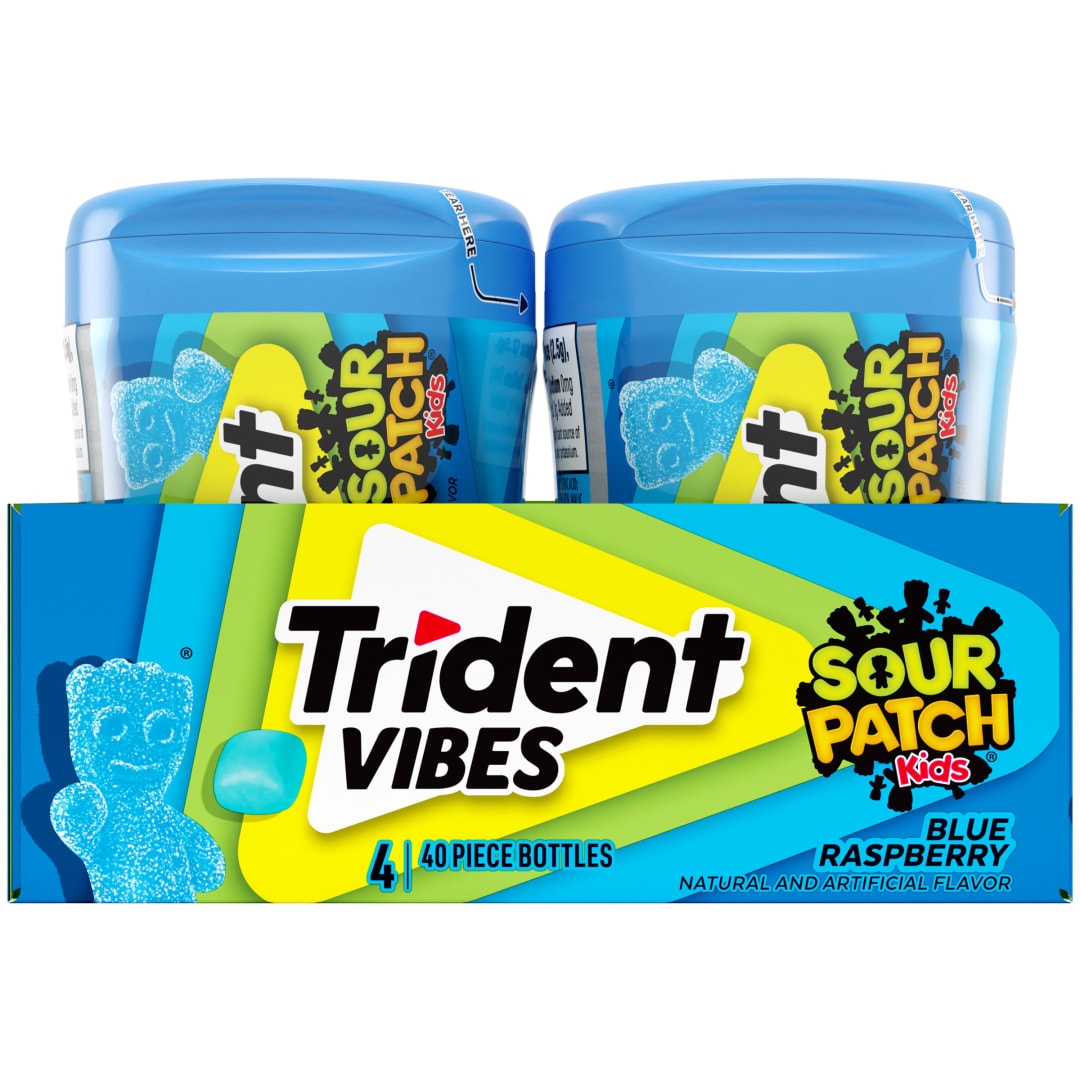 Trident Vibes SOUR PATCH KIDS Sugar Free Chewing Gum Blue Raspberry 40 pc Bottles - 4 Pack