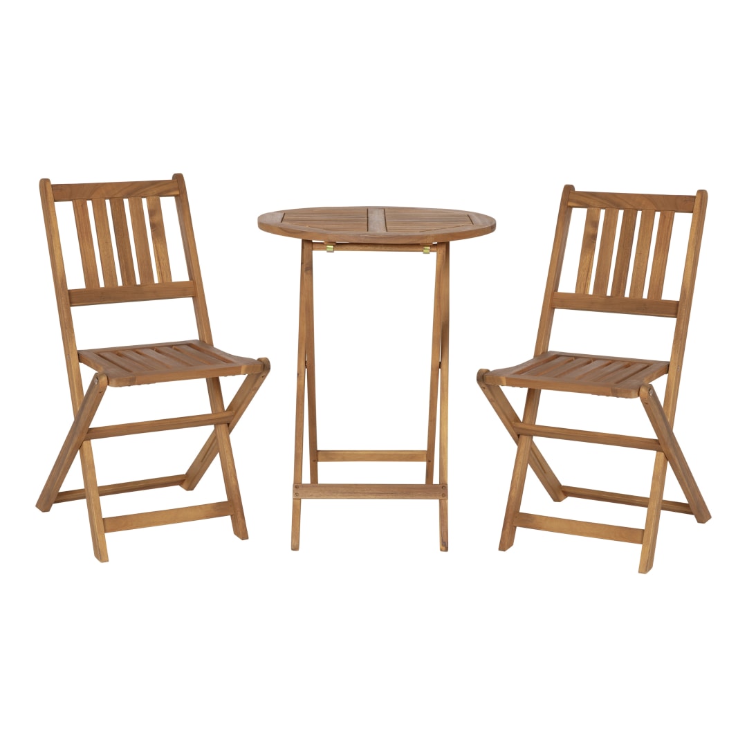 Martindale 3 Piece Folding Patio Bistro Set, Indoor/Outdoor Acacia Round Wood Table and 2 Chair Set with Slatted Design, Natural Finish