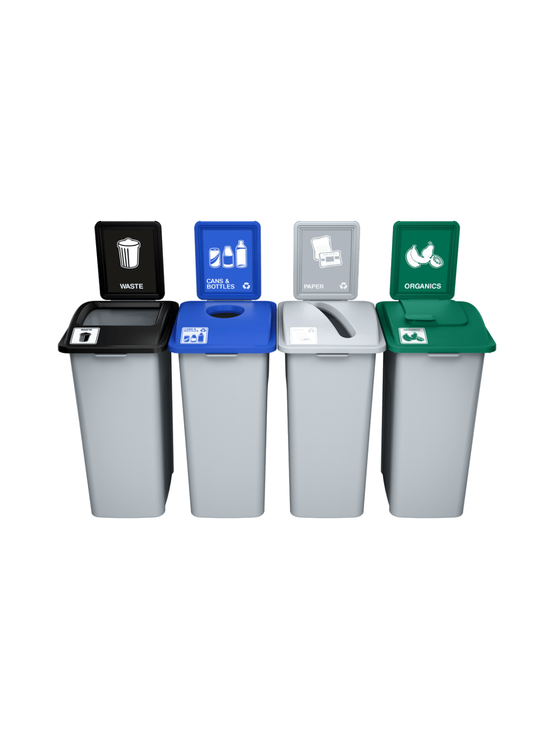  WASTE WATCHER - Quad - Kit - Xl - Waste-Cans &amp; Bottles-Paper-Organics - Full-Circle-Slot-Solid Lift - Grey-Black-Blue-Grey-Green