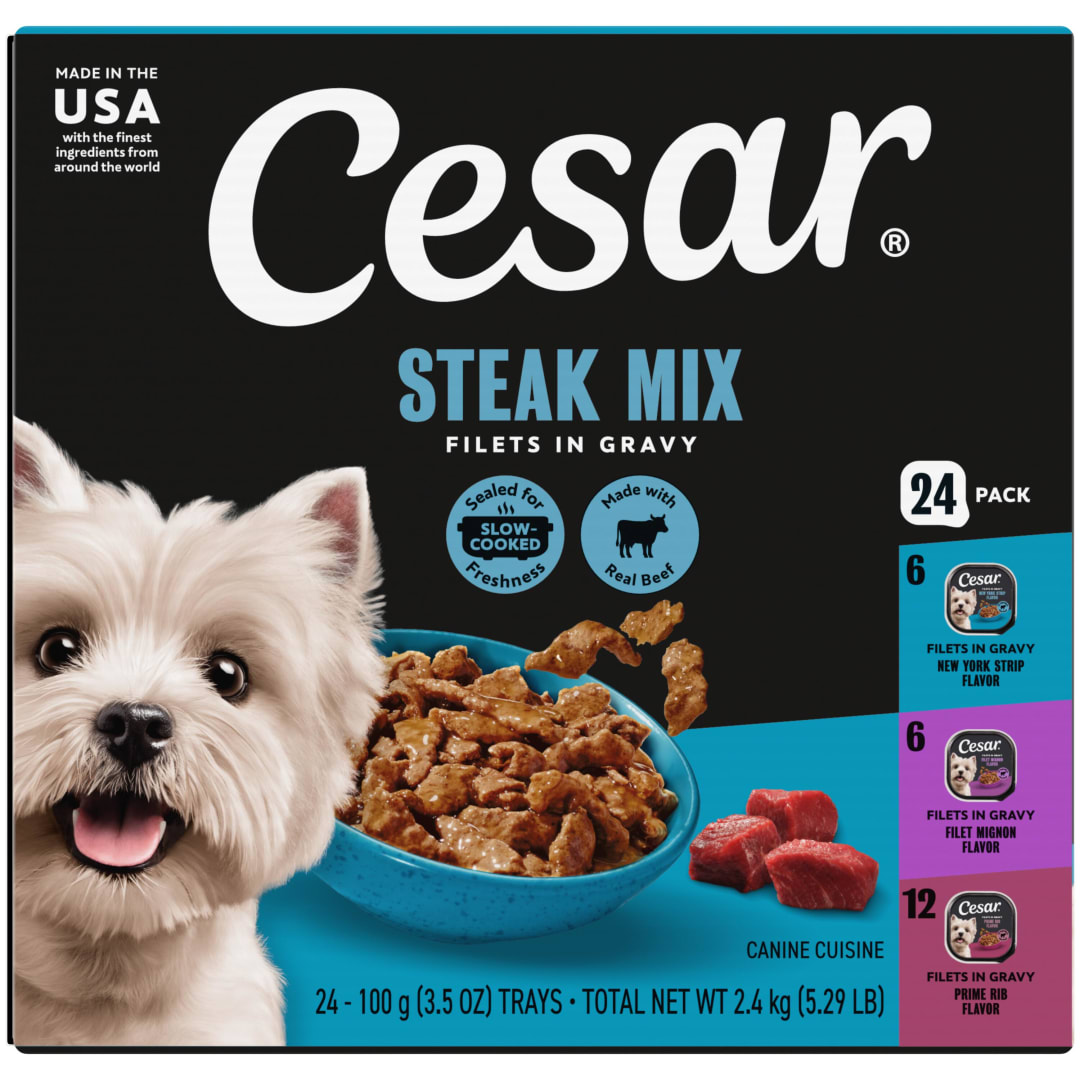 CESAR Adult Soft Wet Dog Food Filets in Gravy Variety Pack, Filet Mignon, New York Strip and Prime Rib Flavors, (24) 3.5 oz. Trays