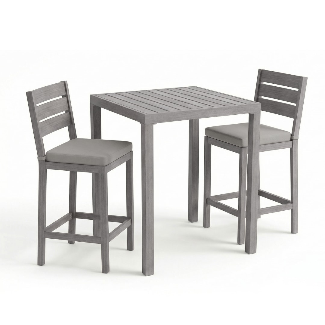 Bedford 3 Piece Aluminum Patio Set, 2 Bar Stools with Gray Cushions, 35.5" Square Patio Table, Gray Brushed Woodgrain Finish
