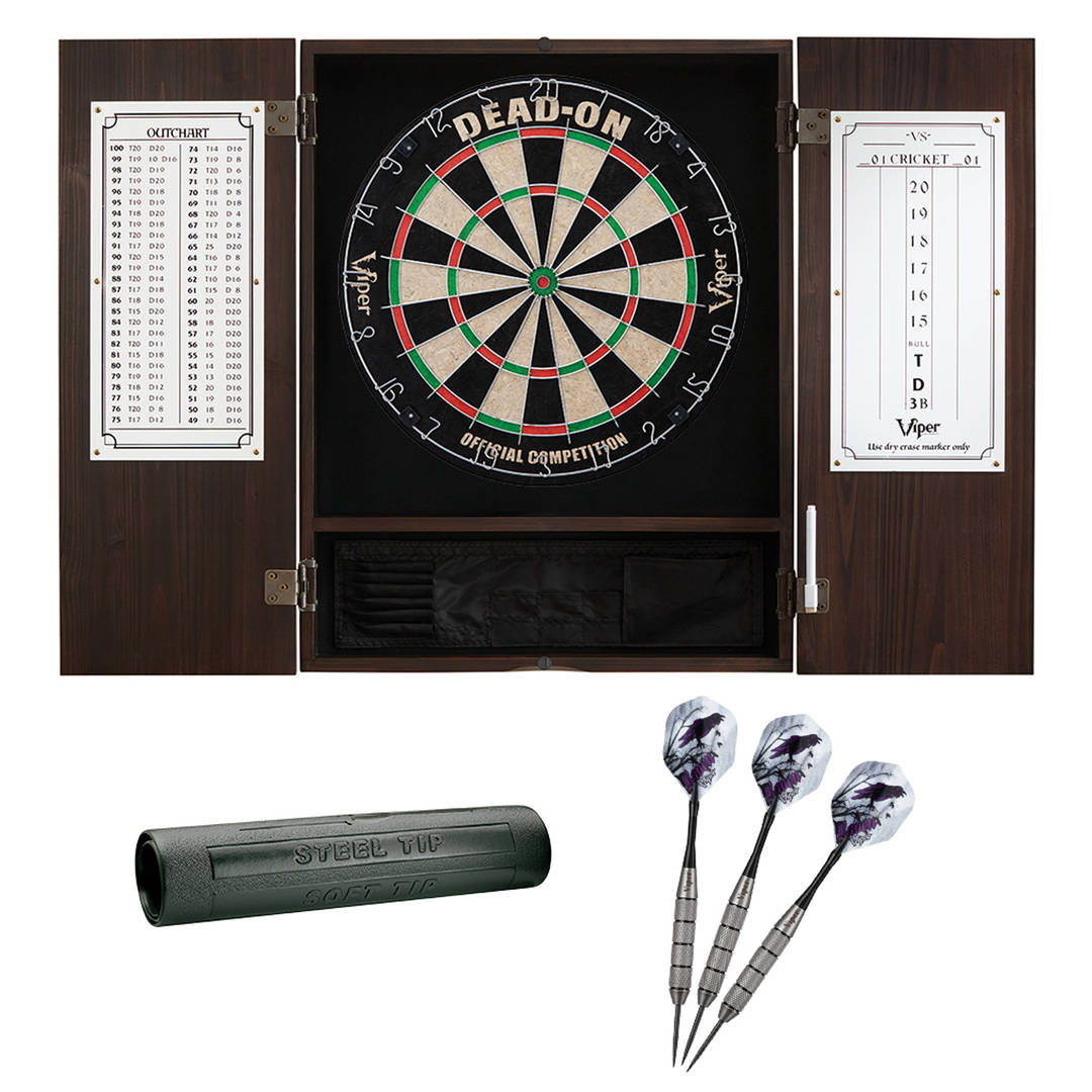 Viper Espresso Metropolitan Steel Tip Cabinet, Viper Dead-On Bristle Dartboard, Viper Underground Raven Steel Tip Darts 25 Grams, and Viper Vinyl Dart Mat
