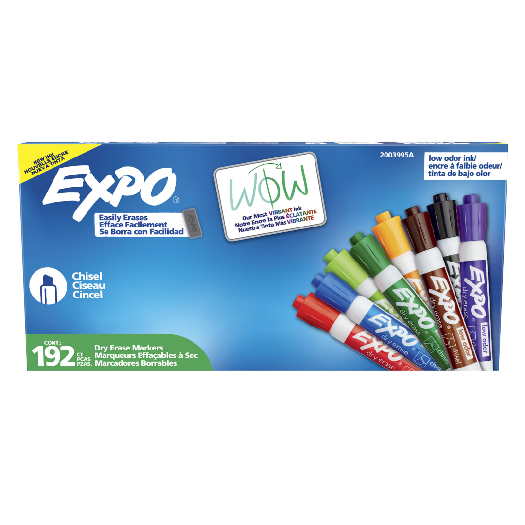 EXPO Dry Erase Markers, Low Odour Ink, Assorted Colours, Chisel Tip, 192 Count