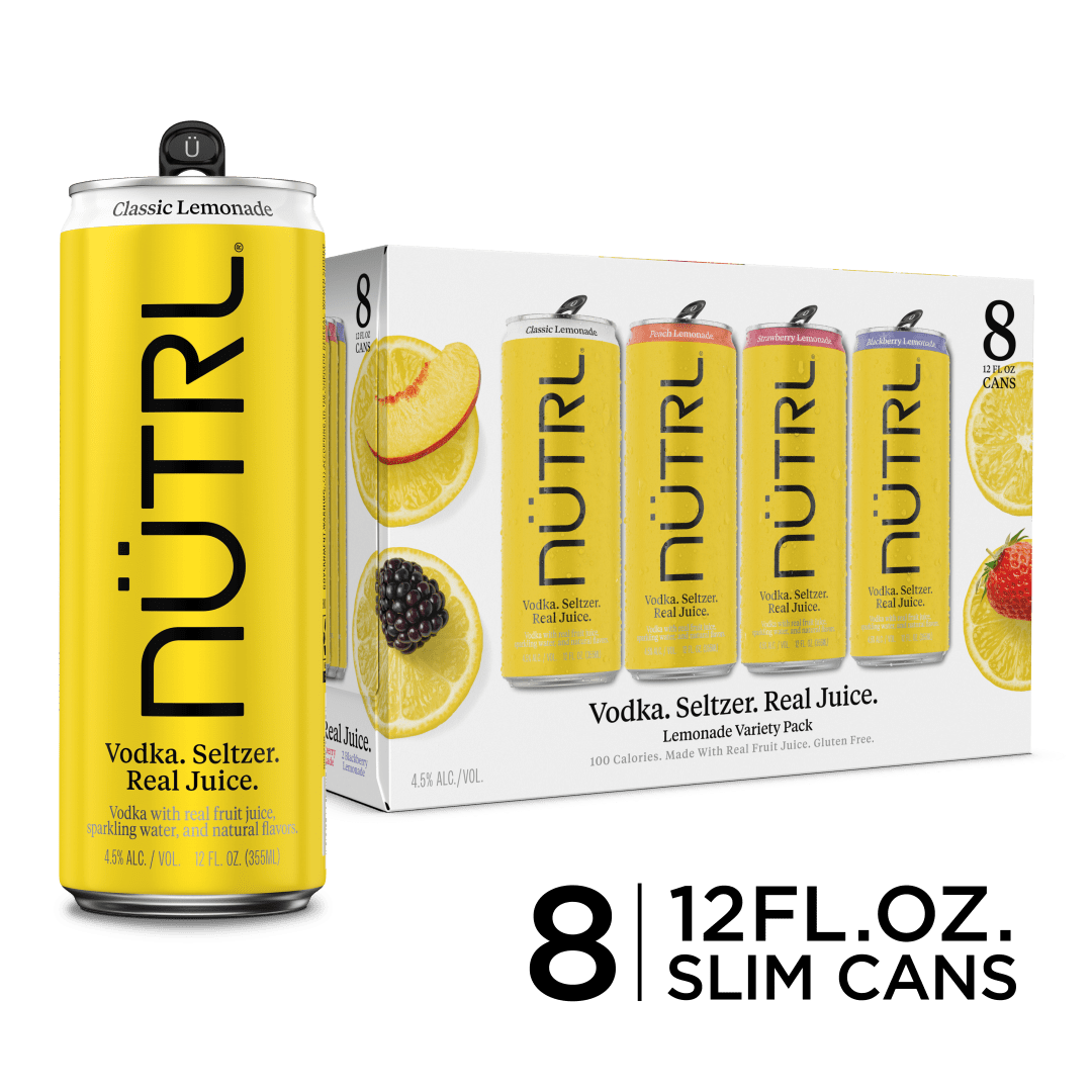 Nutrl Vodka Seltzer Lemonade FOUR FLAVOR Variety Pack 8x12 oz Can Sleek Pack CARRIER - Top Handle Spot UV - Lemonade, Strawberry Lemonade, Blackberry Lemonade and Peach Lemonade - SL Coating
