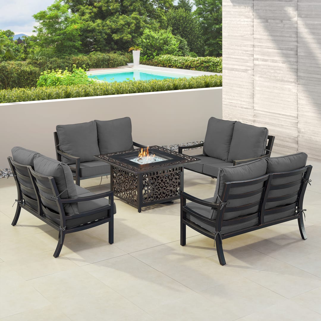 Black Aluminum Patio Fire Table Set with Four Deep Seating Loveseat with Cushions