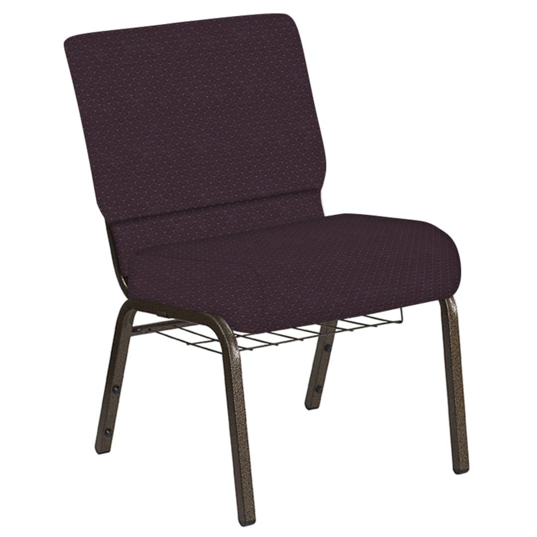 Embroidered 21''W Church Chair in Venus Aubergine Fabric with Book Rack - Gold Vein Frame