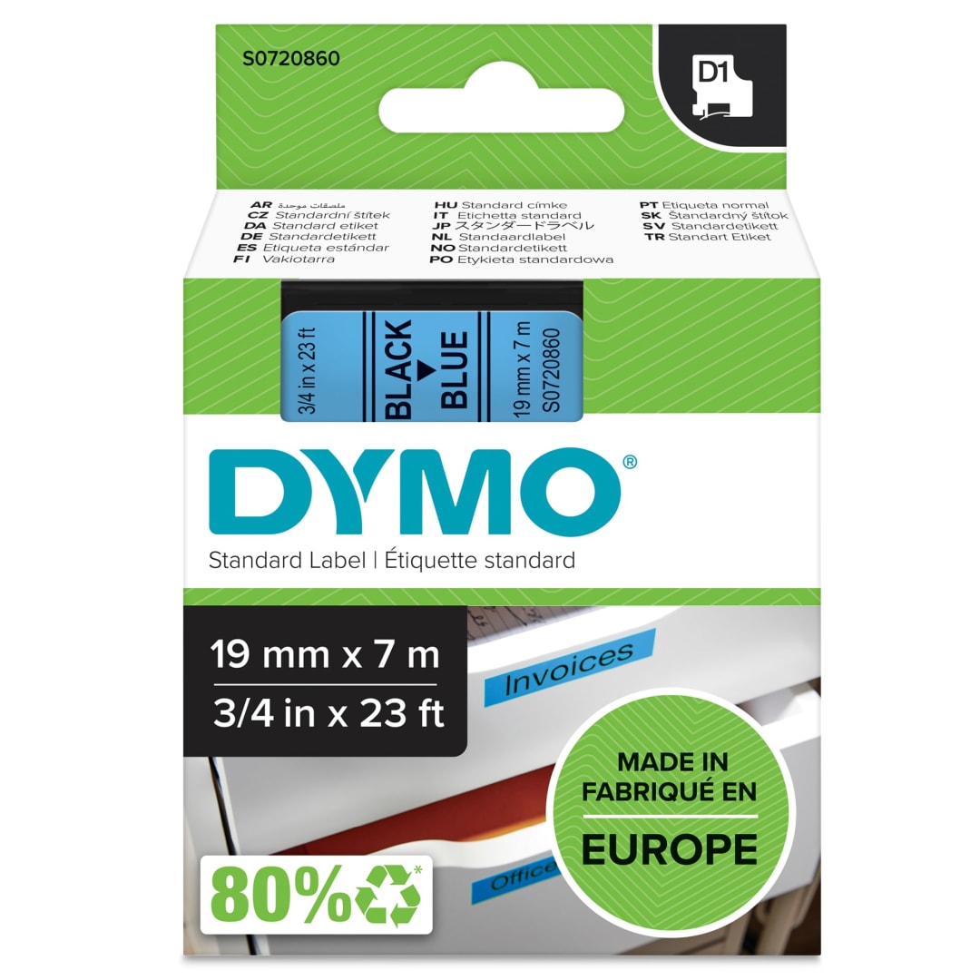 DYMO® Authentic D1 Labels | Black Print on Blue Tape | 19 mm x 7 m | Self-Adhesive Labels for LabelManager Label Makers | Made in Europe