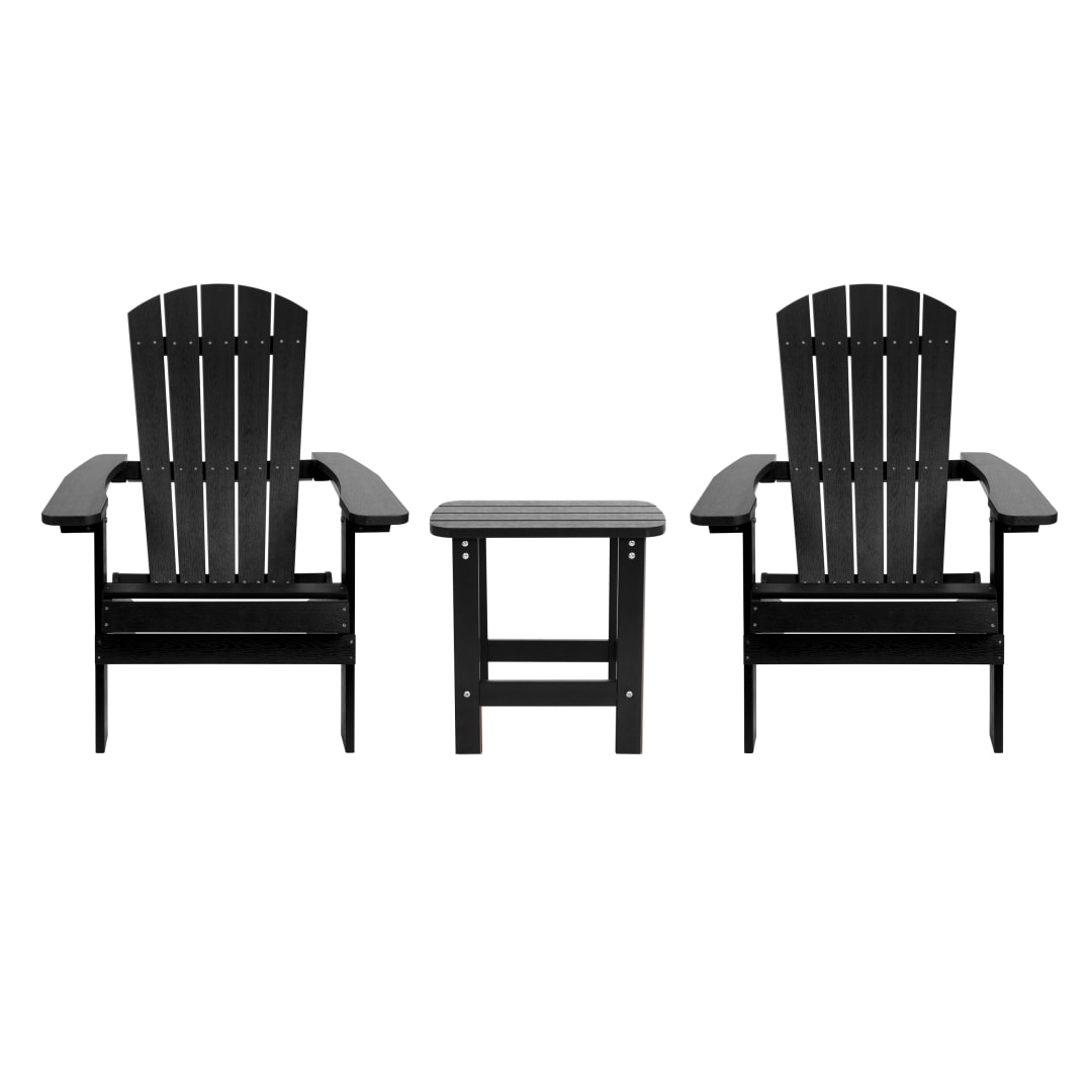 2 Pack Charlestown Commercial All-Weather Poly Resin Folding Adirondack Chairs with Side Table in Black