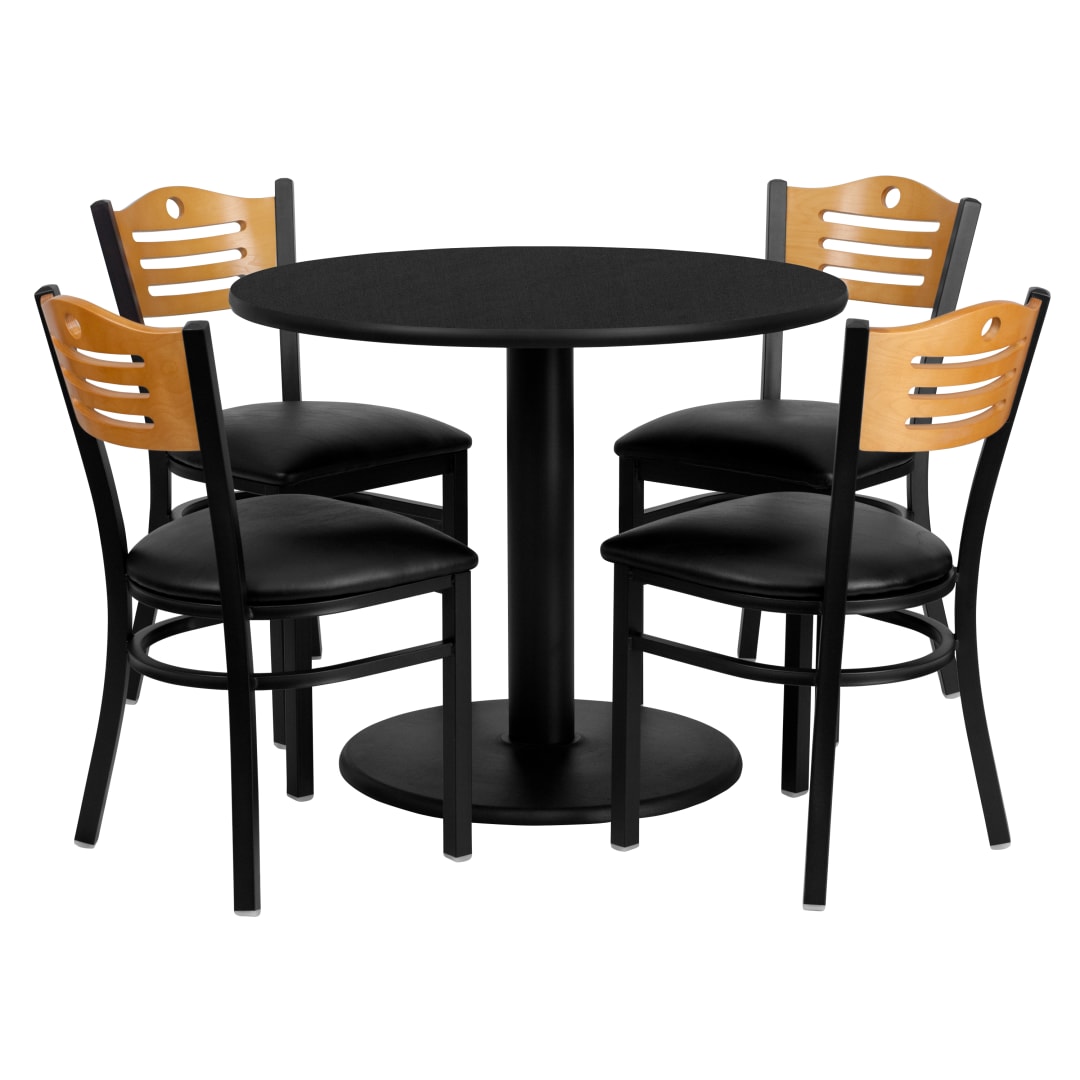 Clark 36'' Round Black Laminate Table Set with 4 Wood Slat Back Metal Chairs - Black Vinyl Seat
