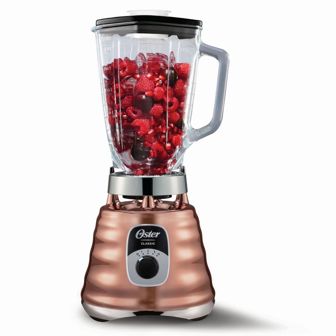 Oster® Licuadora Clásica, 3 Velocidades, Vaso de Vidrio, 1.25 Lt, 1000 W, Cobre, BLST4128