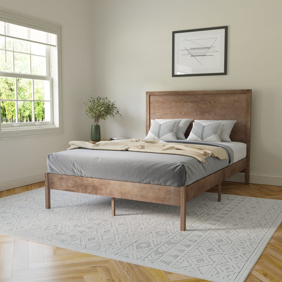 Asher Full Size Solid Wood Platform Bed with Wooden Slats and Headboard, No Box Spring Needed, Light Brown