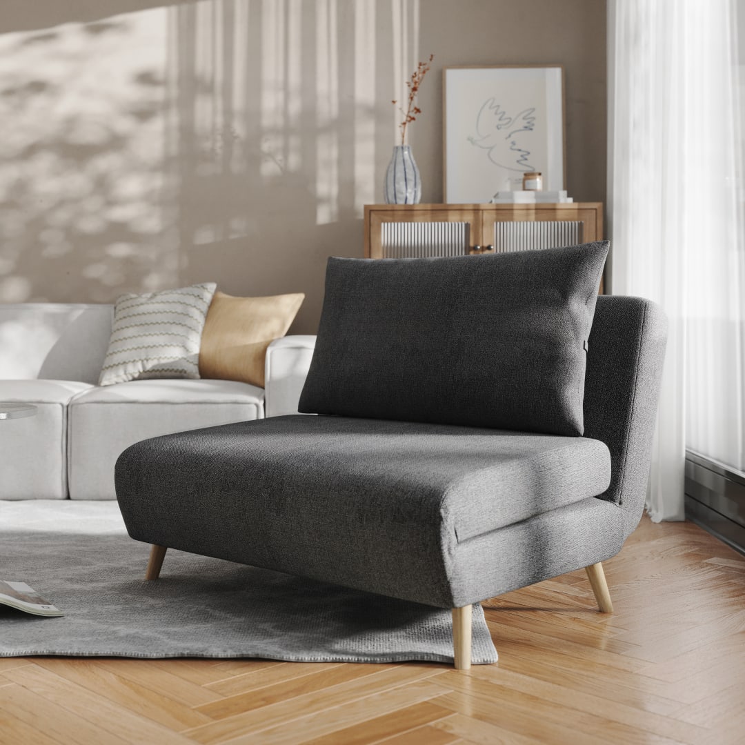 Shaw Convertible Tri-Fold Sleeper Chair with Pillow, Multifunctional Adjustable Sleeper with Channel Stitching and Hideaway Legs in Dark Gray