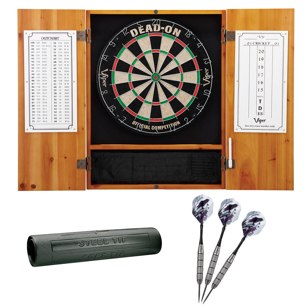 Viper Metropolitan Oak Steel Tip Dartboard Cabinet, Viper Dead-On Bristle Dartboard, Viper Underground Raven Steel Tip Darts 25 Grams, and Viper Vinyl Dart Mat