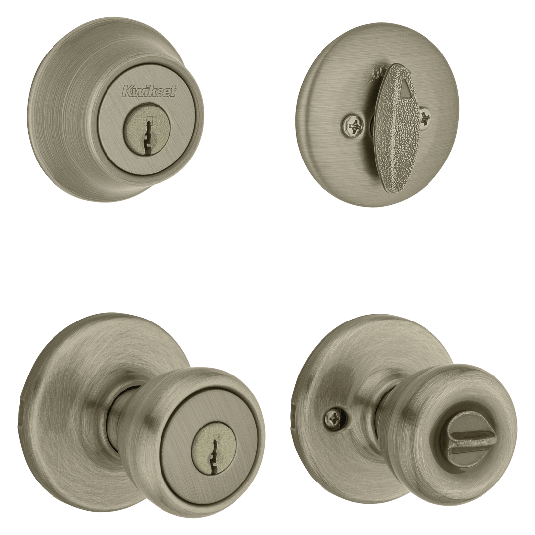 690 Tylo Keyed Entry Knob and Single Cylinder Deadbolt Combo Pack in Antique Brass