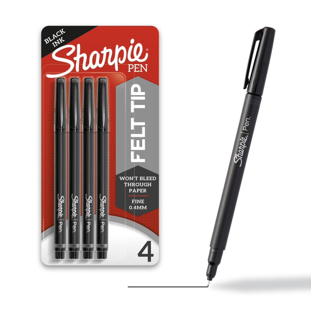 Sharpie® Pens, Felt Tip Pens, Fine Point (0.4mm), Black, 4 Count