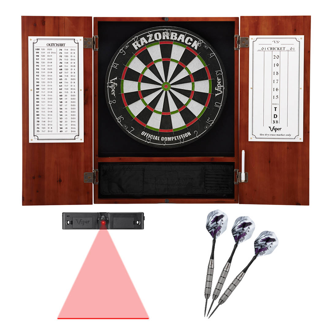 Viper Metropolitan Cinnamon Steel Tip Dartboard Cabinet, Viper Razorback Sisal Dartboard, Viper Underground Raven Steel Tip Darts 25 Grams, and Throw Line Light