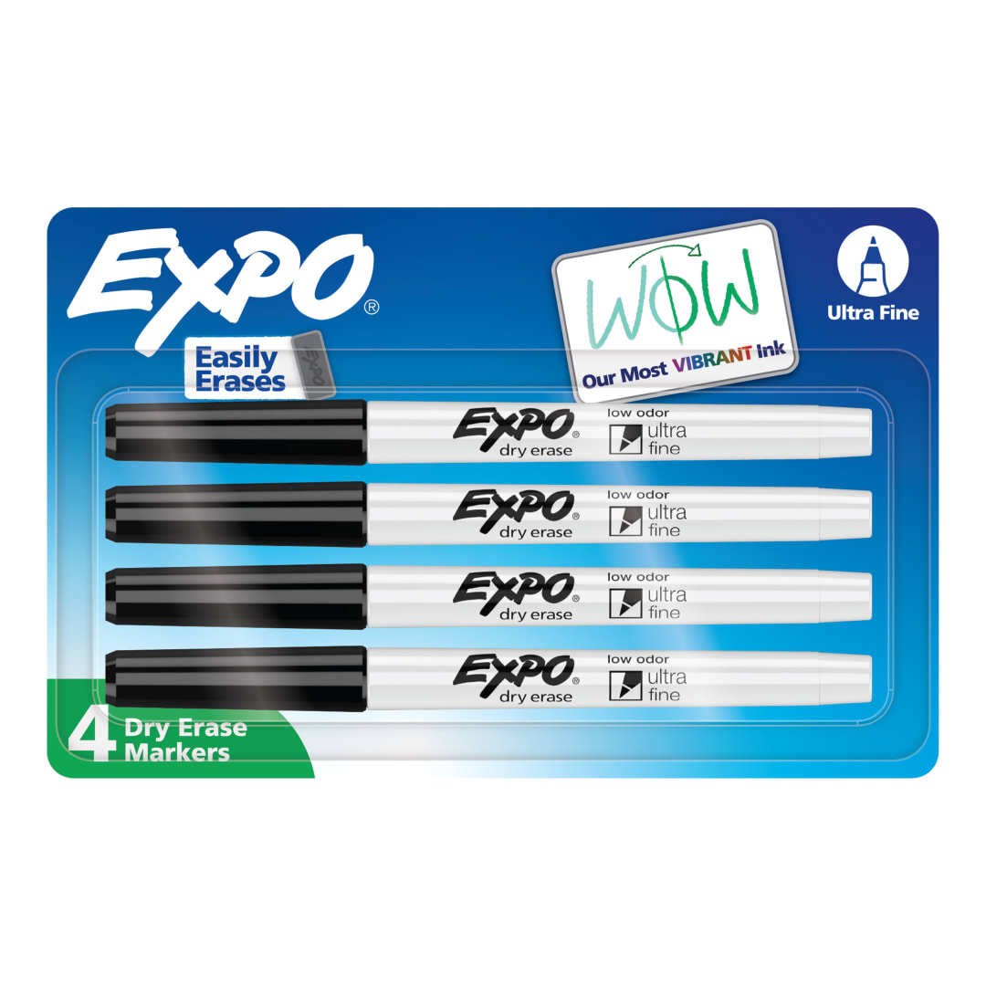 EXPO Dry Erase Markers, Low Odor Ink, Black, Ultra Fine Tip, 4 Count