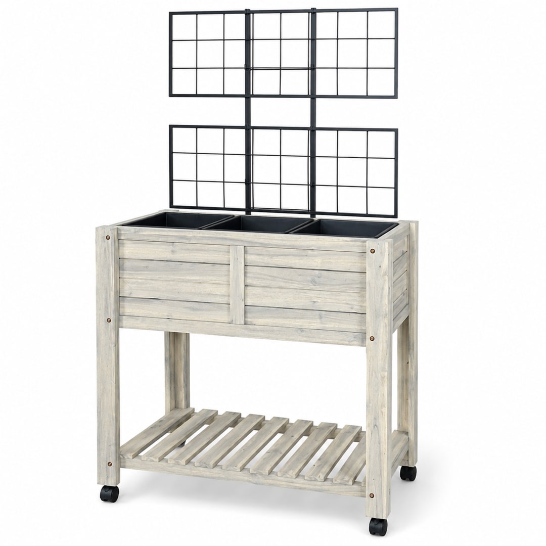 Modern Indoor/Outdoor 32.28 in. White Acacia Wood Raised Planter with Trellis and Wheels