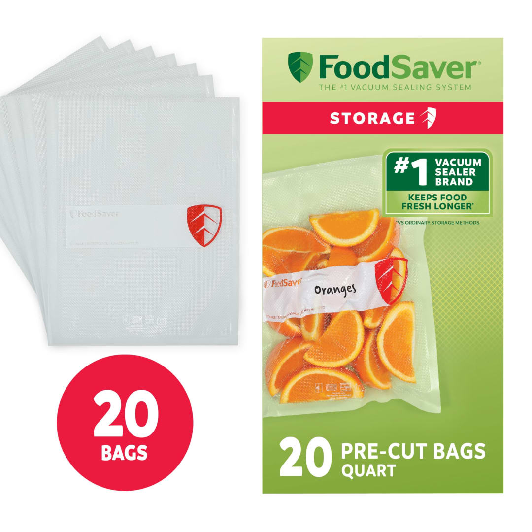 FoodSaver Quart Vacuum Seal Bags, 20 Count Pre-Cut BPA-Free Storage Bags, Align to Seal & Tear to Open for Food Storage, Sous Vide, and Meal Prep