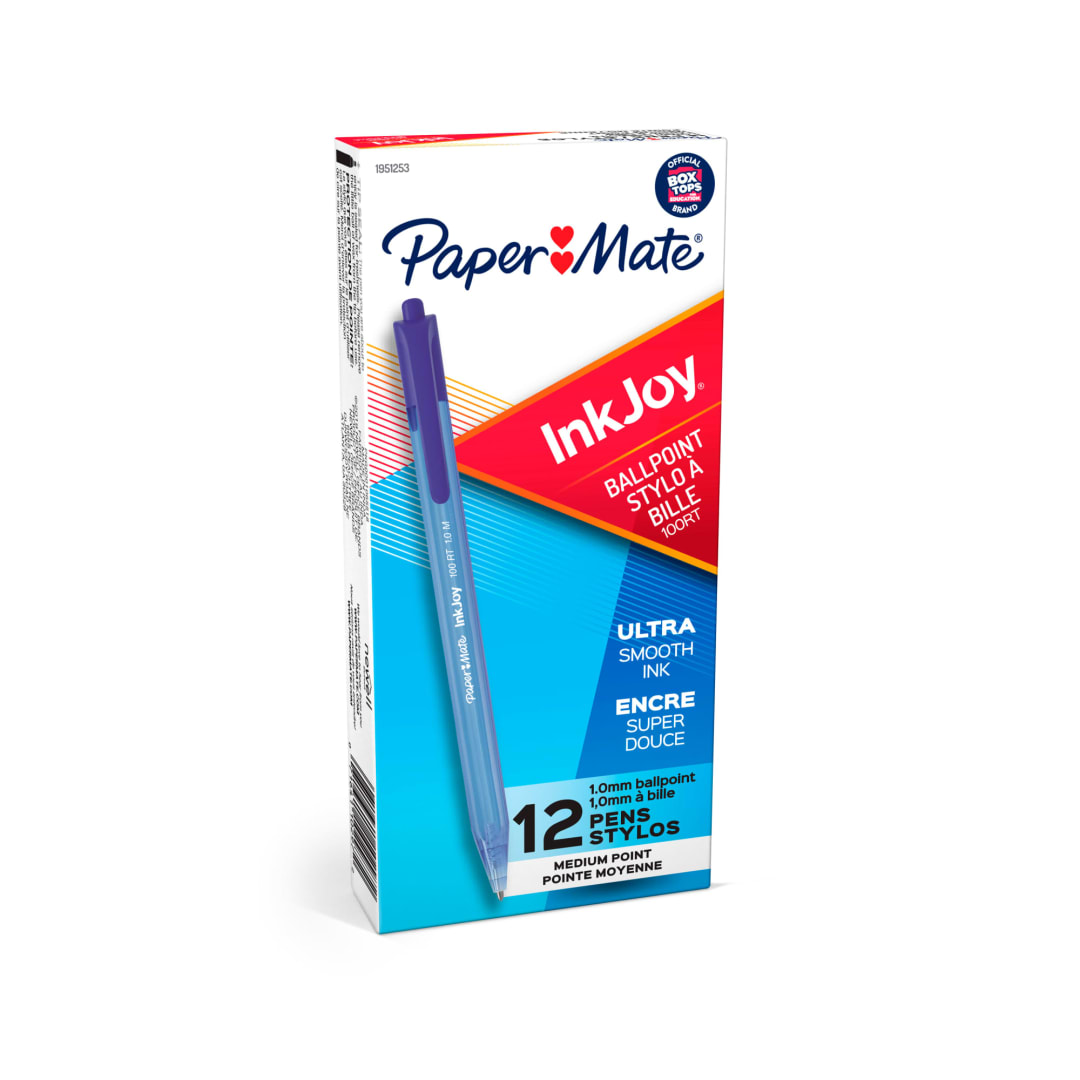 Paper Mate® InkJoy® 100RT Retractable Ballpoint Pens, Medium Point, Blue, Box of 12