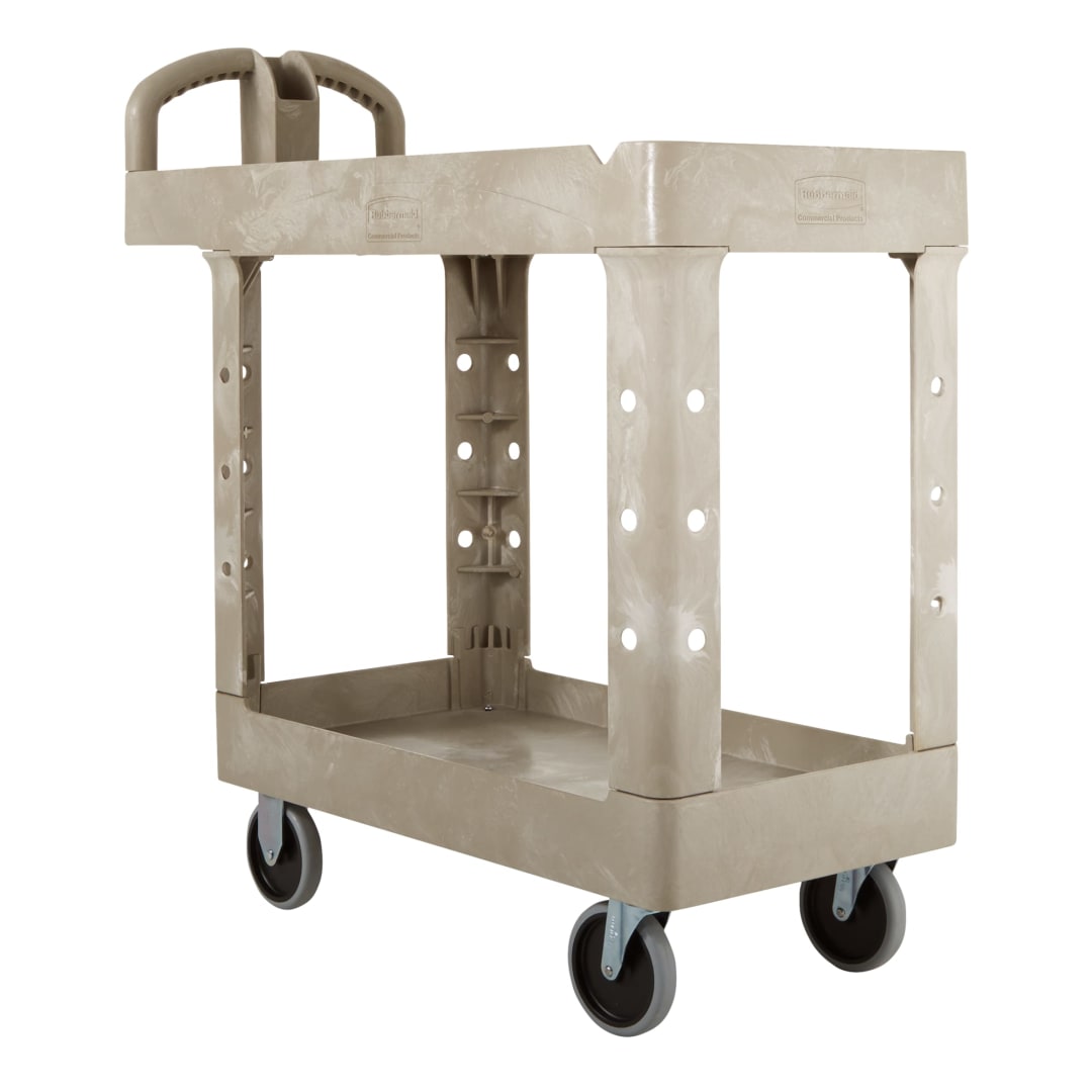 BRUTE Heavy Duty Ergo Handle Utility Cart, Lipped Shelf, Small, Beige