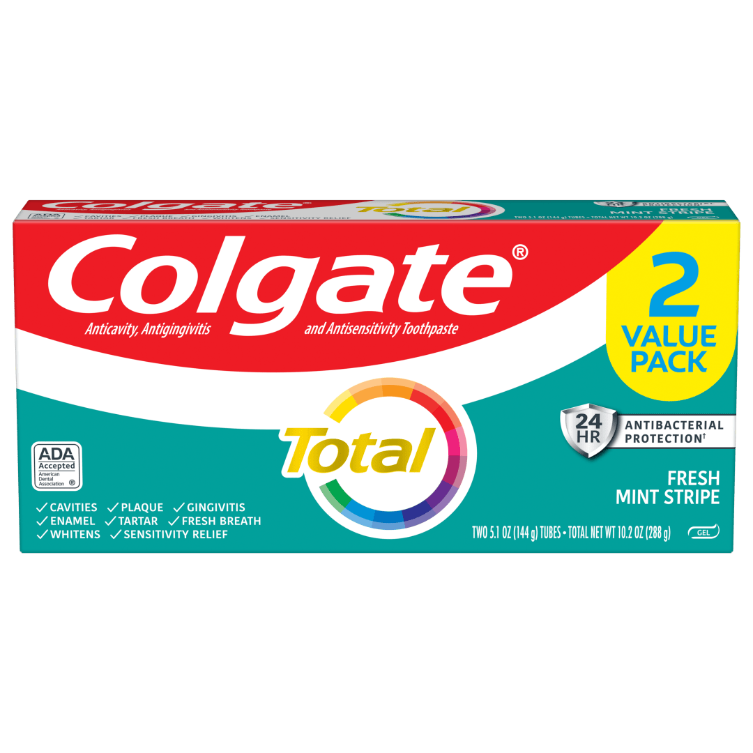 Colgate Total Fresh Mint Stripe Toothpaste, Mint Gel Toothpaste, 5.1 oz Tube, 2 Pack